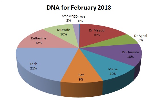 DNA for February 2018 Dr Aye 0% Dr MAsud 16% Dr Aghel 6% Dr Qureshi 13% Marie 10% Cat 9% Tash 21% Katheirne 13% Midwife 10% Smoking 2% 